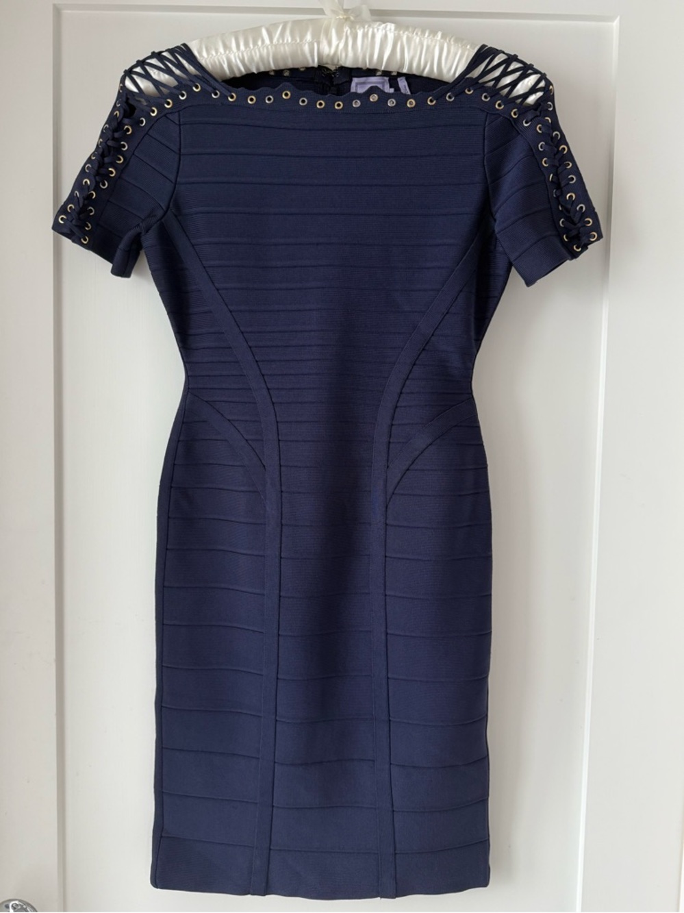 Herve Leger by Max Azria Navy Bandage Dress Gold Silver Grommets S